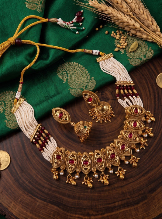 rajwadi jewellery, antique gold pearl rajwadi necklace by StileAdda