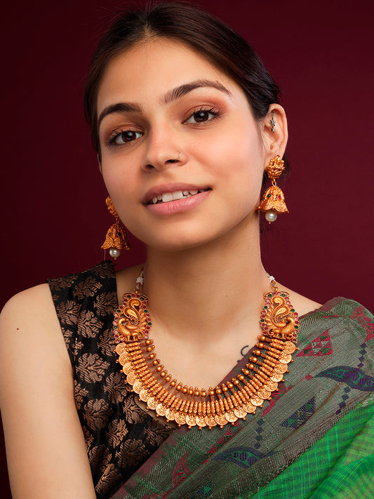 Gold-Plated Gold Stone Studded Temple Jewellery Set