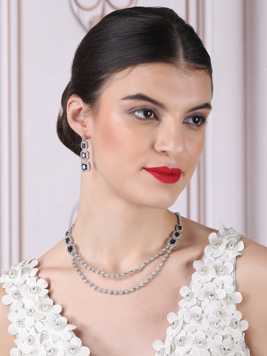 Silver Plated AD Blue Double Line Long Necklace Set