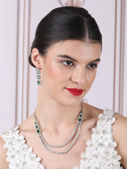 Silver Plated AD Green Double Line Long Necklace Set