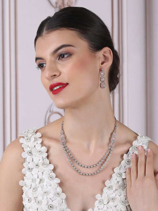 Silver Plated AD Pink Double Line Long Necklace Set