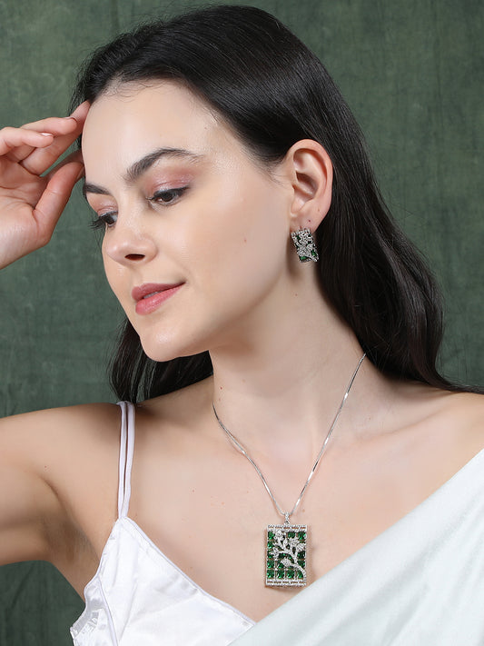 Luxurious Green AD Square Pendant Set With Studs