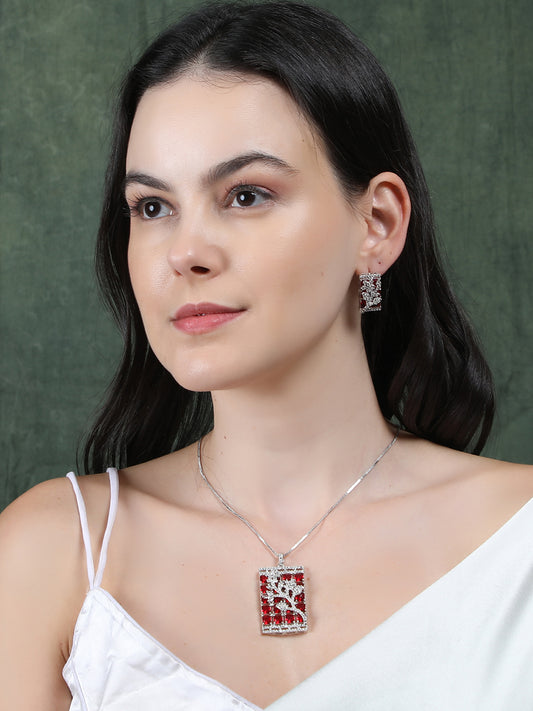 Luxurious Red AD Square Pendant Set With Studs