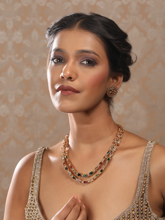 Floral Design Dual Line Multi Kemp Stones Necklace Set