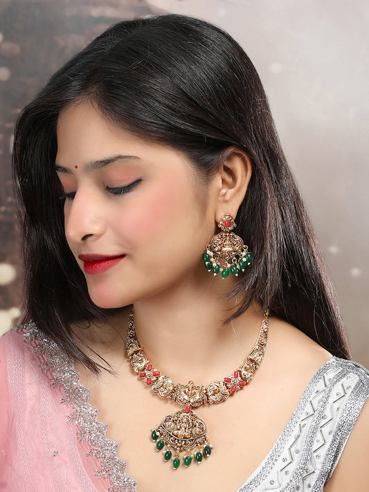 Temple Lakshmi Necklace Set With Green Beads