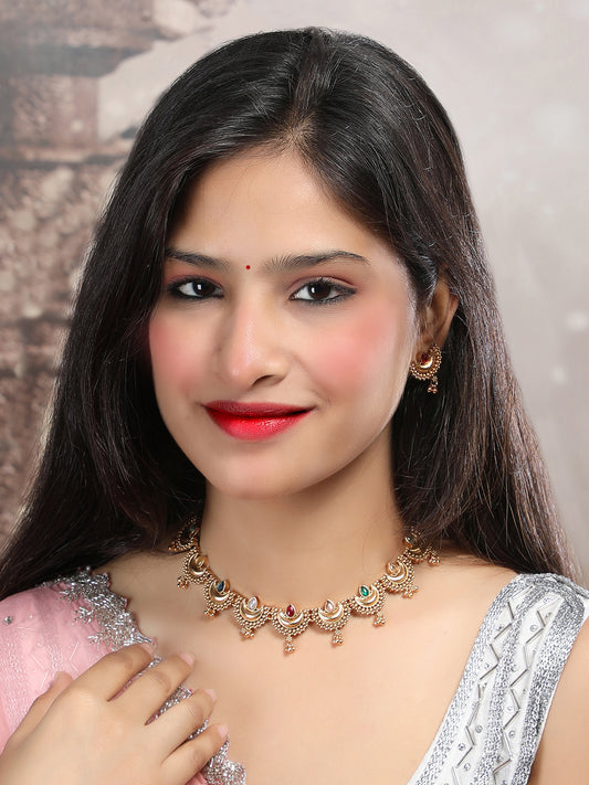 Gold Finish Multicolor Half Moon Shape Necklace Set