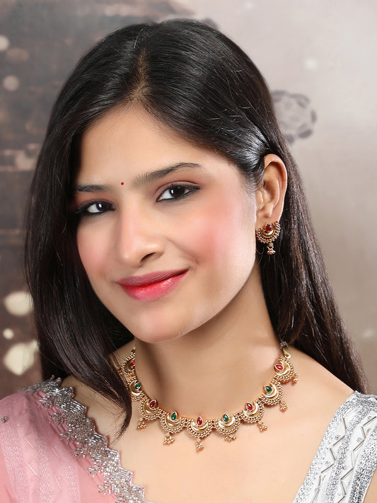Gold Finish Red-Green Half Moon Shape Necklace Set