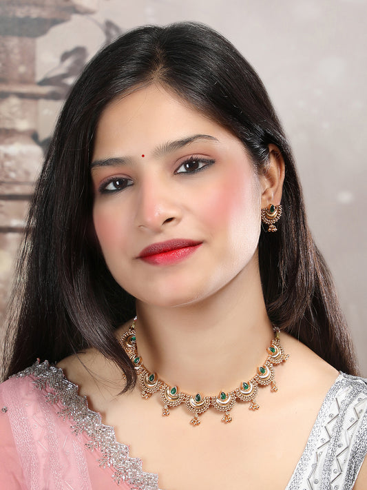 Gold Finish Green Half Moon Shape Necklace Set