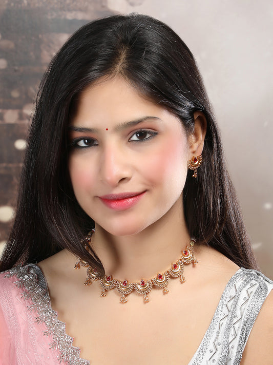 Gold Finish Red Half Moon Shape Necklace Set