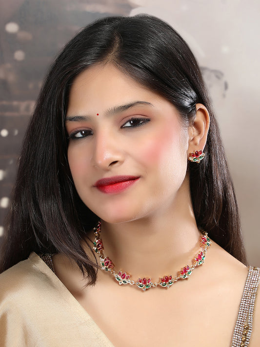 Ruby Green Kemp Stones Studded Lotus Necklace Set