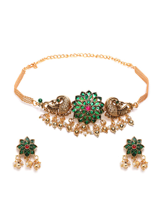 Minimalist Green Kemp Floral Choker Set With Studs