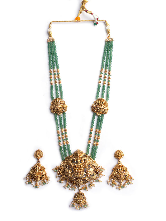 Green Beaded Lakshmi Long Necklace Set