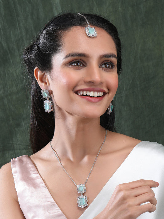 Silver Plated Turquoise Square CZ Big Pendant Set With Earrings and Maangtika