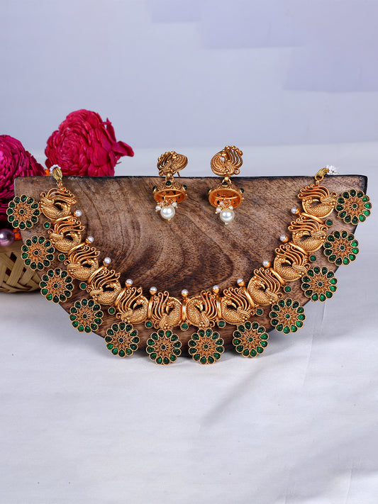 Elegant Copper Made Kempu Peacock Flower Motif Necklace Set