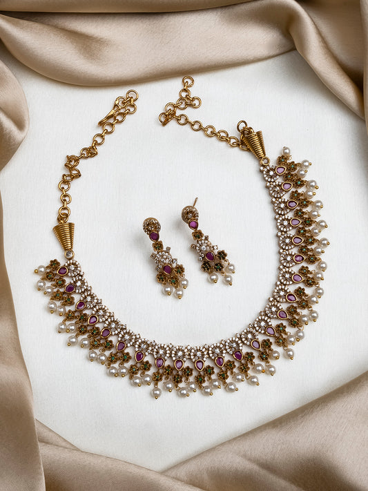 Matte Finish Multicolor AD Necklace with Pearl Hangings