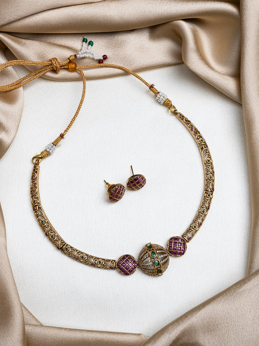 Ruby Green AD Filgree Hasli Set With Small Studs