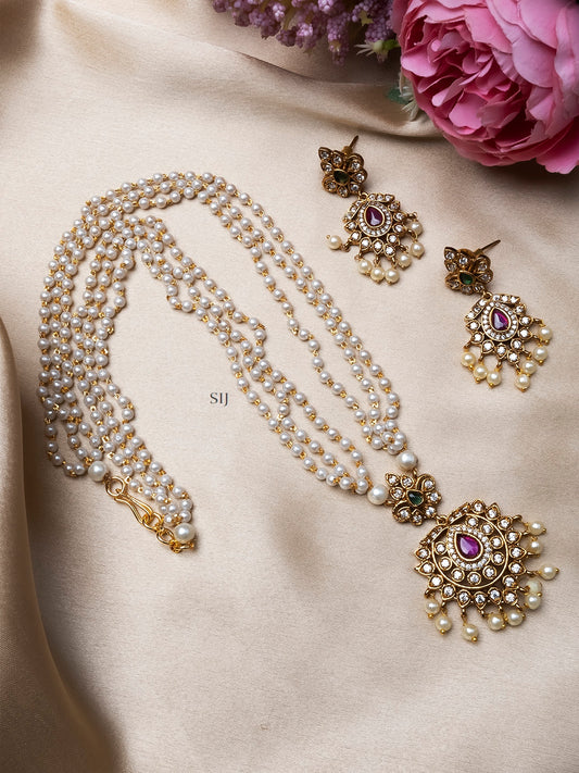 AD Studded White Pearl Mala Long Necklace Set