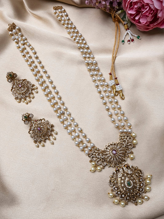 Ruby Green AD Pearl Mala Long Necklace Set