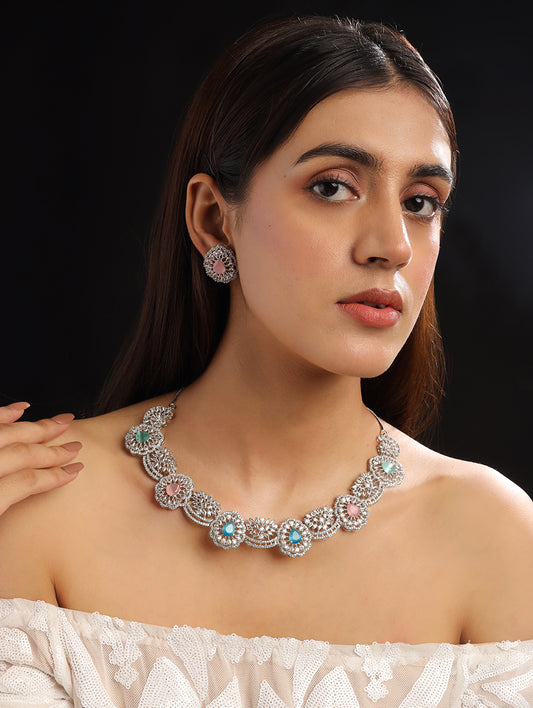 Intricate Cut Work Multicolor CZ Necklace Set"