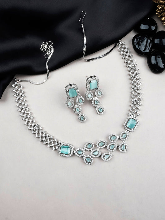 Turquoise AD Studded Leaf Necklace Set