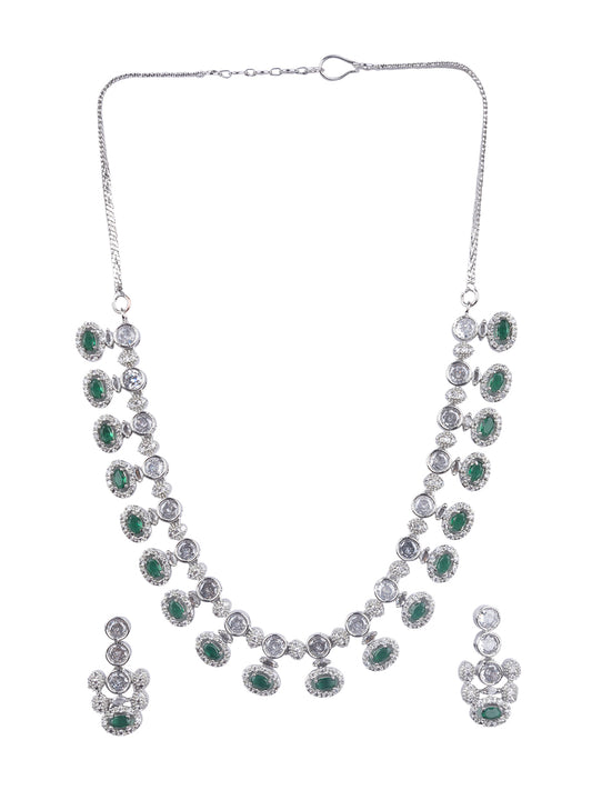 Halo Style Green Stone American Diamond Necklace Set with CZ Drops | Party Wear