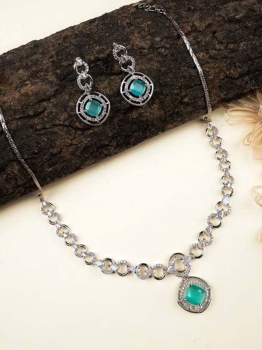 Luxurious AD-CZ Circular Motif Necklace Set with Turquoise Crystal Accents