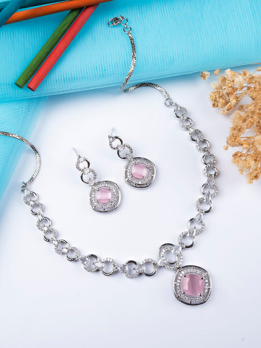 Luxurious AD-CZ Circular Motif Necklace Set with Pink Crystal Accents