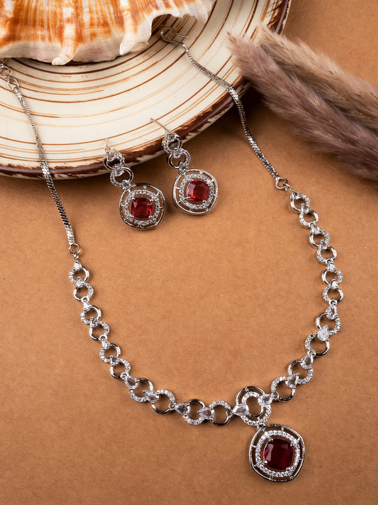 Luxurious AD-CZ Circular Motif Necklace Set with Red Crystal Accents