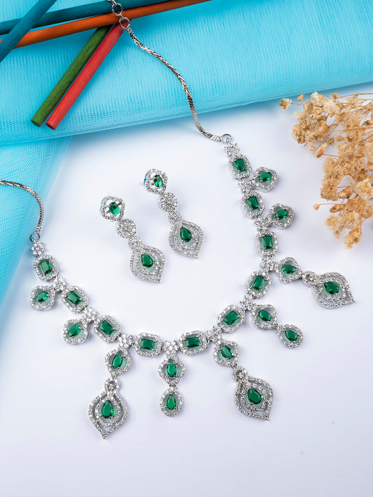 Designer Green American Diamond Necklace Set with Dangling Pattern