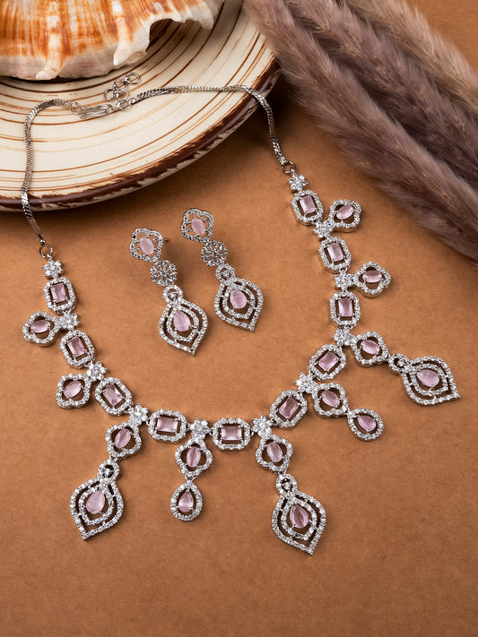 Designer Pink American Diamond Necklace Set with Dangling Pattern
