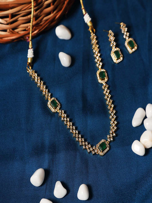 Exquisite Gold Plated Green Designer AD Necklace Set | Trendy Jewelry
