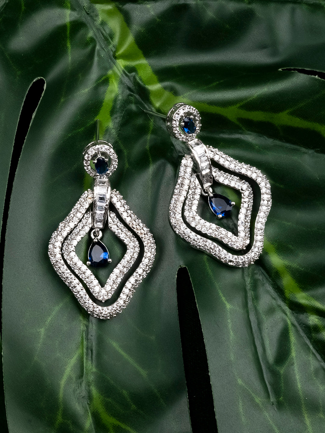 Designer Blue AD Leaf Earrings – Affordable Luxury with a