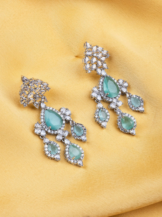 Silver-Plated Luxurious AD Turquoise Waterfall Earrings
