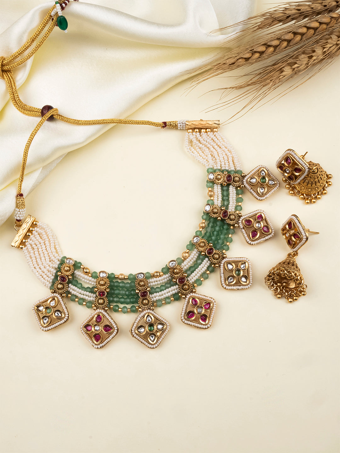 Royal Kundan Bandhai Beads Necklace Set With Jhumkis – StileAdda