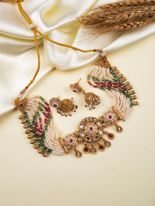 Rajwadi Kundan Meenakari Pearl Multilayer Chowker Set | Ethnic Wedding & Festive Jewelry