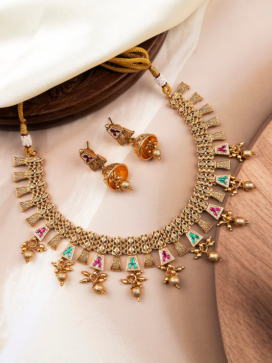 Handmade Antique Gold Plated Multicolor Rajwadi Necklace Set With Jhumkas