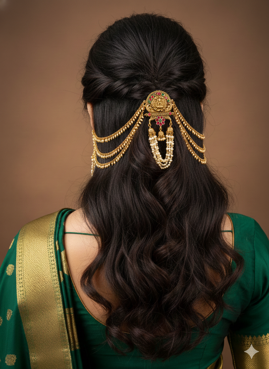 Traditional Temple Jada Billa with Mattal/Hair Brooch With Pearl Chain