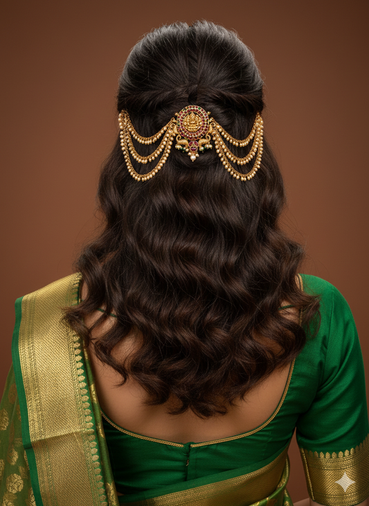 Handcrafted Temple Antique Jada Billai With Mattal/Hair Brooch With Pearl Chain