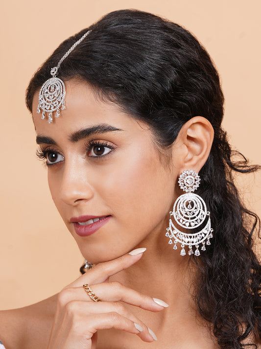 Cubic Zirconia Studded Silver Tone Danglers-Maangtika Set