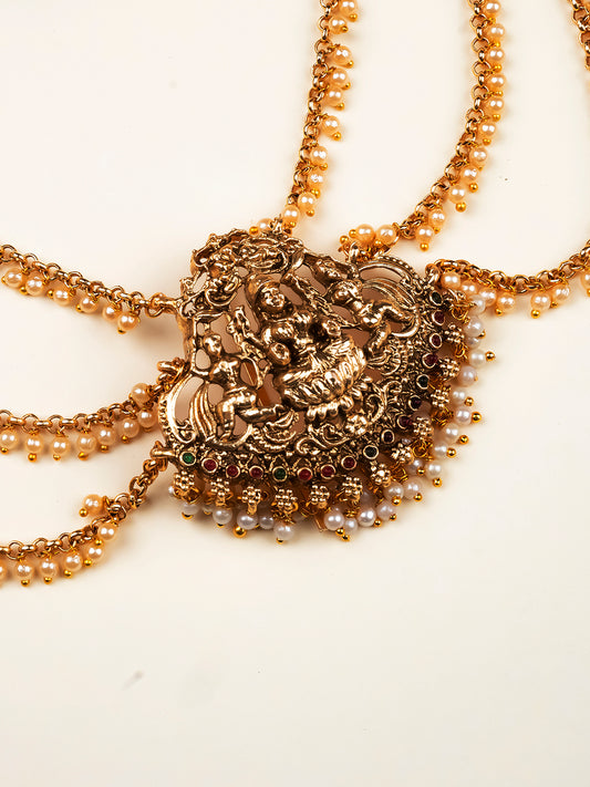 Designer Temple Padlakshmi Hair Brooch With Pearl Chain | Traditional Hair Accessory