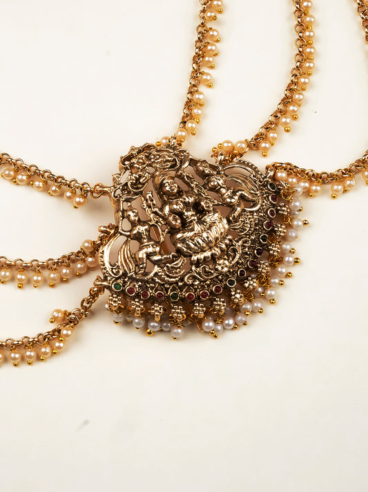 Designer Temple Padlakshmi Hair Brooch With Pearl Chain | Traditional Hair Accessory