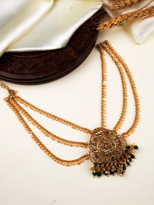 Antique Gold Plated Laxmi Jada Billai With Mattal/ Hair Brooch With Pearl Chain