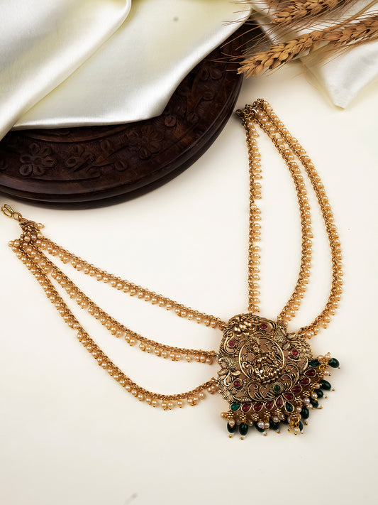Antique Gold Plated Laxmi Jada Billai With Mattal/ Hair Brooch With Pearl Chain