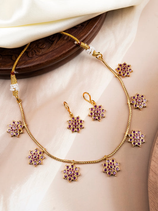Traditional Indian Gold Plated Ruby Floral Necklace Set