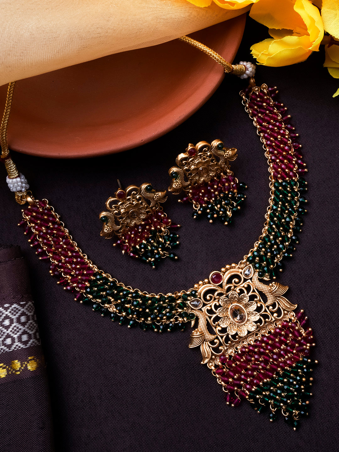 Exquisite Gold-Plated Temple Hydra Beads Necklace Set - A divine blend of tradition and elegance. Elevate your style with this stunning piece from SileAdda.