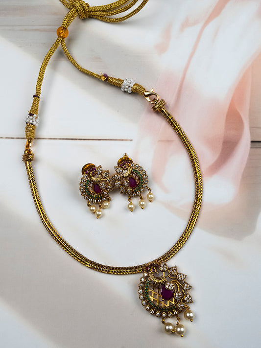 Elegant Ruby Peacock Pendant Set with Earrings & Pearl Drops