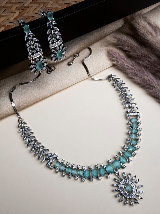 Silver Plated American Diamond Studded Dual Turquoise Necklace Set
