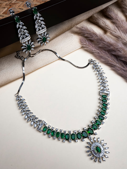 Silver Plated American Diamond Studded Dual Green Necklace Set
