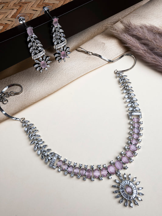 Silver Plated American Diamond Studded Dual Pink Necklace Set