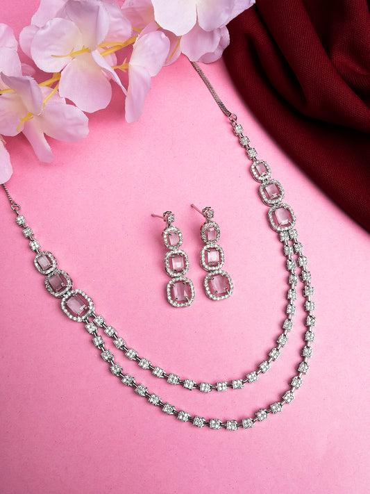 Silver Plated AD Pink Double Line Long Necklace Set